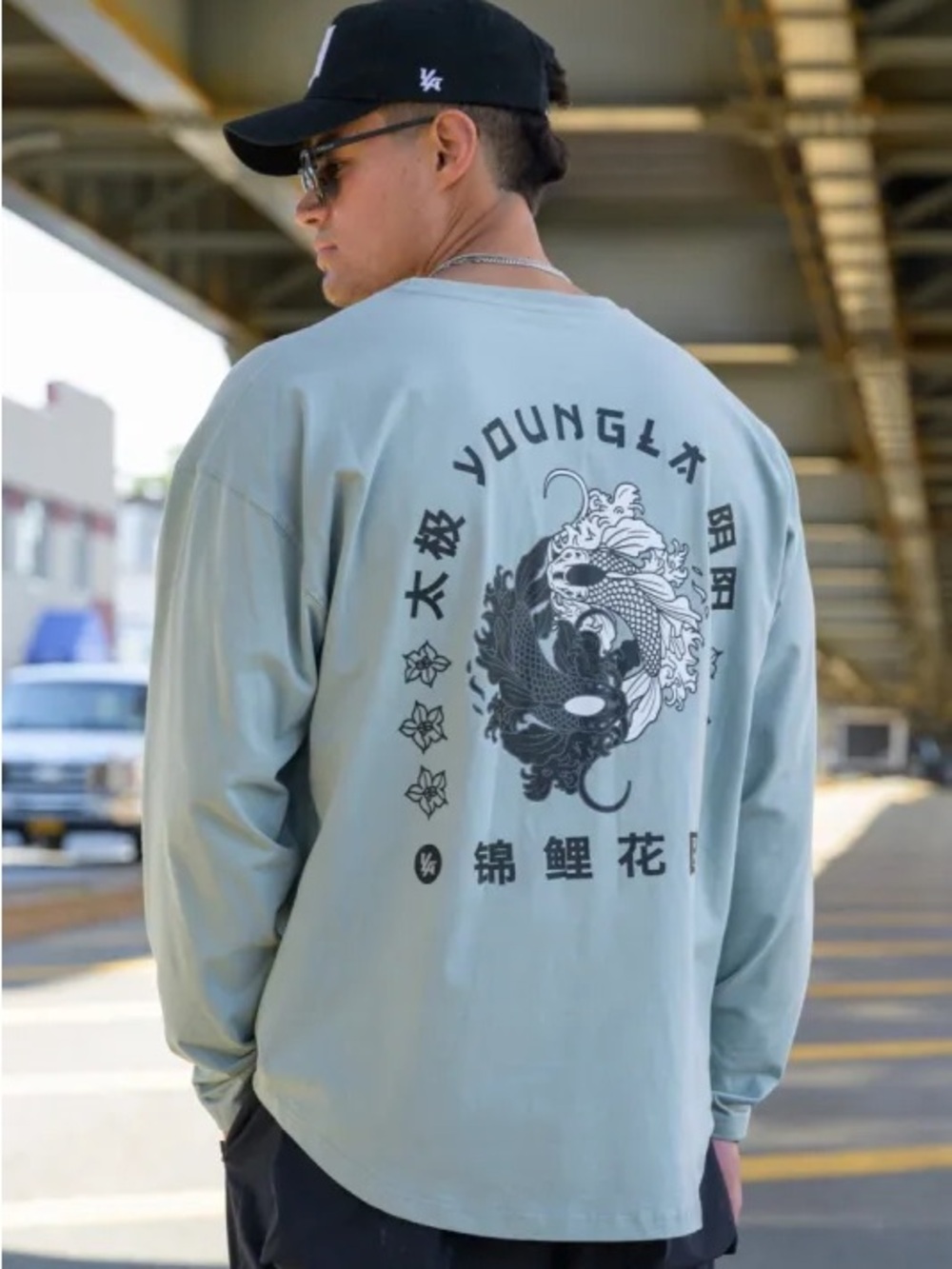 YoungLA Long Sleeve Tee in Sage Blue with Graphic Back